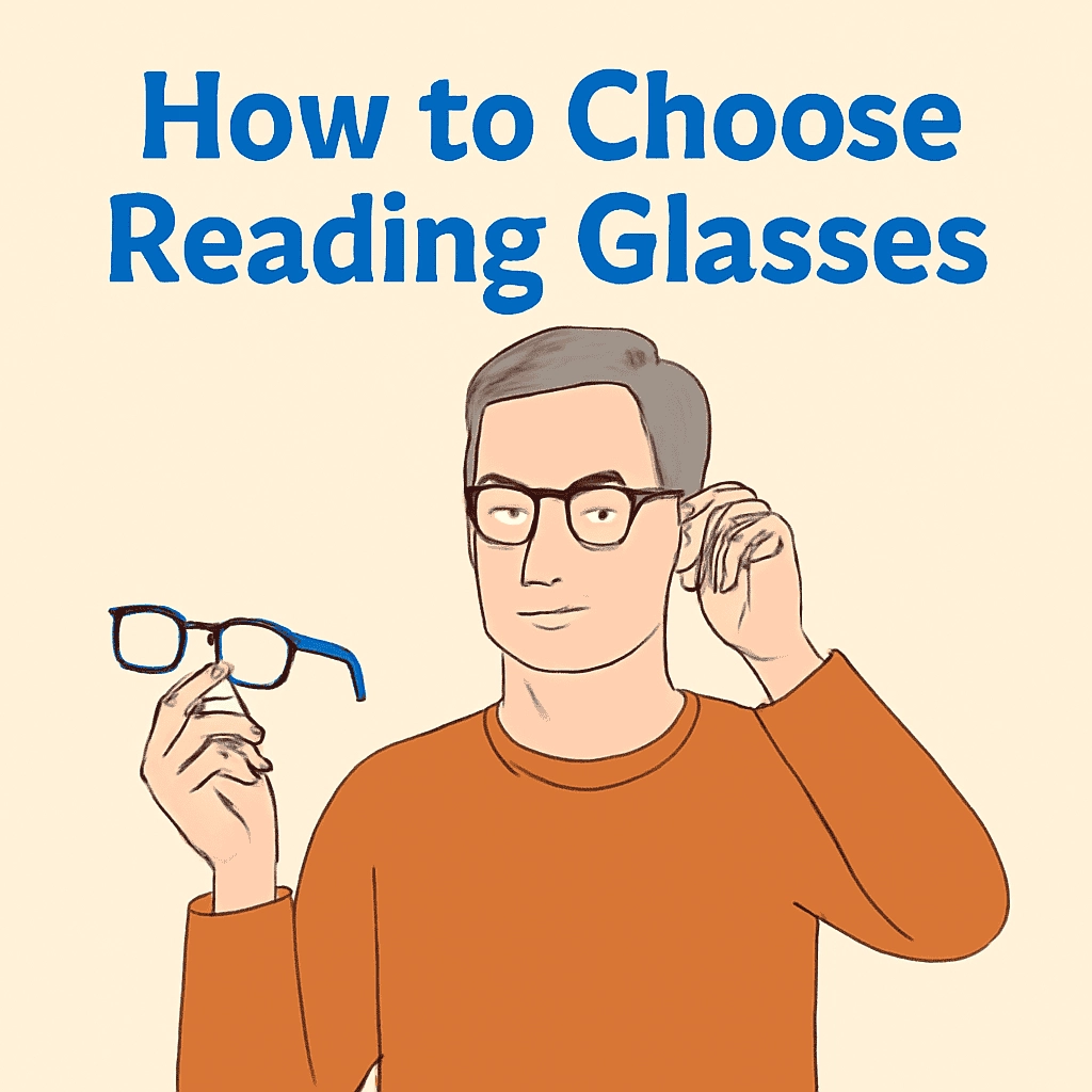 A flat-style digital illustration featuring a middle-aged person wearing reading glasses, in a simple and clean design. The character is depicted in a neutral, minimalist style, emphasizing the theme of choosing the right reading glasses for comfort and clarity.