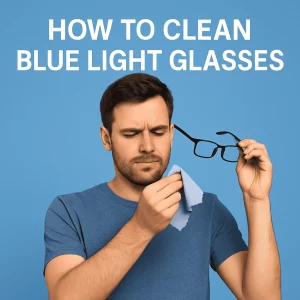A young Caucasian man in a blue T-shirt is carefully cleaning his blue light glasses with a microfiber cloth, with the text "HOW TO CLEAN BLUE LIGHT GLASSES" displayed above him. The background is a soft light blue.