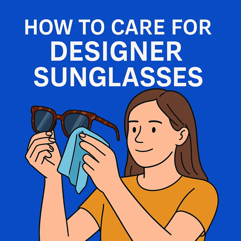 A digital illustration of a Caucasian woman carefully cleaning a pair of designer sunglasses with dark gray lenses and a tortoiseshell frame. She is holding the sunglasses with one hand while using a light blue microfiber cloth to clean the lens. The woman is wearing a mustard-yellow shirt and has brown hair. The background is blue, and bold white text reads "HOW TO CARE FOR" at the top and "DESIGNER SUNGLASSES" below.