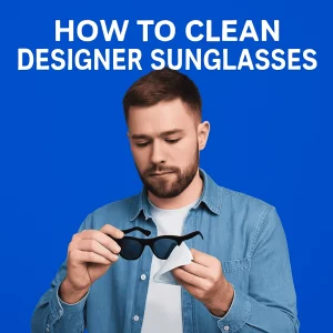 A young man in a light blue denim shirt carefully cleans a pair of black designer sunglasses, focusing intently on the task. The background is vibrant blue with bold, white text reading "HOW TO CLEAN DESIGNER SUNGLASSES." The subject's facial features, such as his neatly-trimmed beard and thoughtful expression, are illuminated by soft, even lighting.