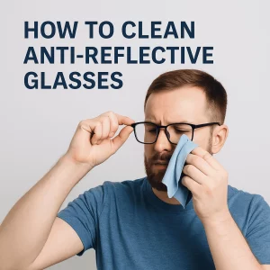 The image shows a man in his 30s carefully cleaning his anti-reflective glasses with a light blue microfiber cloth. He is focused on the task, wearing a blue t-shirt, and the background is neutral gray. The text above the image reads, "HOW TO CLEAN ANTI-REFLECTIVE GLASSES," providing a clear instructional guide.