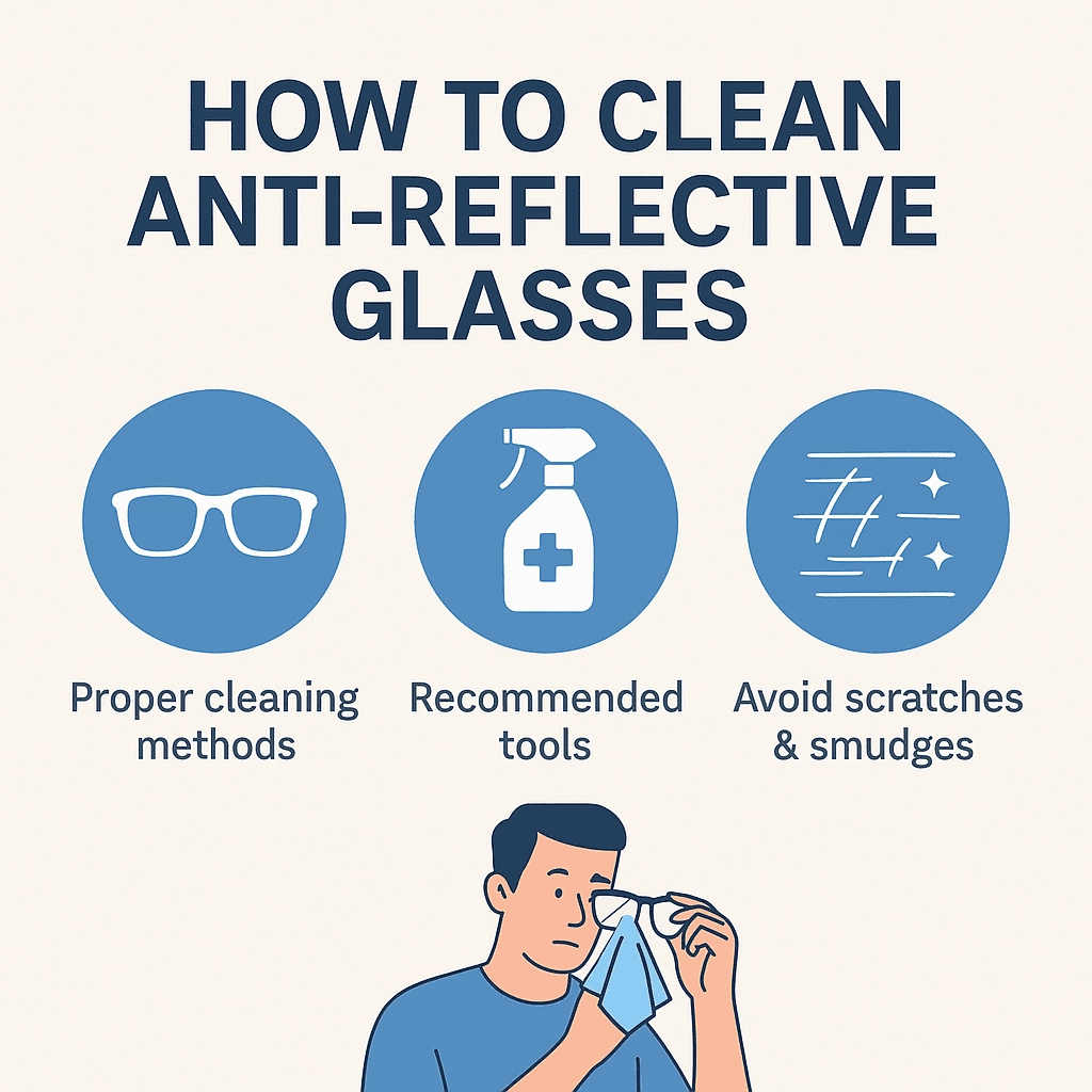 The image is an infographic titled "How to Clean Anti-Reflective Glasses." It features large blue uppercase text on a light beige background. Below the title, there are three blue circular icons: one representing proper cleaning methods (glasses), one representing recommended tools (a spray bottle), and one representing how to avoid scratches and smudges (abstract lines and sparkles). The design is minimalist and includes brief descriptions beneath each icon in dark gray sans-serif text, with a man cleaning his glasses in the lower part of the image.