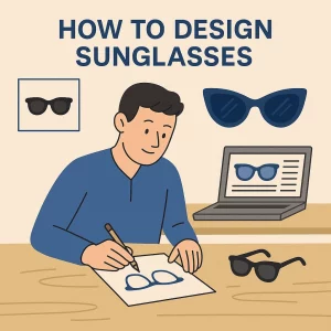 A flat-style digital illustration of a young male designer sketching sunglasses at a desk. He is drawing a pair of sunglasses on paper with a pencil, surrounded by a laptop displaying sunglass designs and physical sunglasses on the table. The background features additional sunglass illustrations and a bold title that reads "HOW TO DESIGN SUNGLASSES."