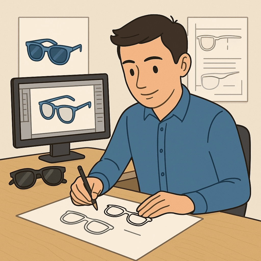 A young male eyewear designer sits at a wooden desk, sketching sunglasses on paper while viewing a 3D sunglasses model on his computer screen. Behind him, technical drawings and a framed image of blue sunglasses decorate the wall.
