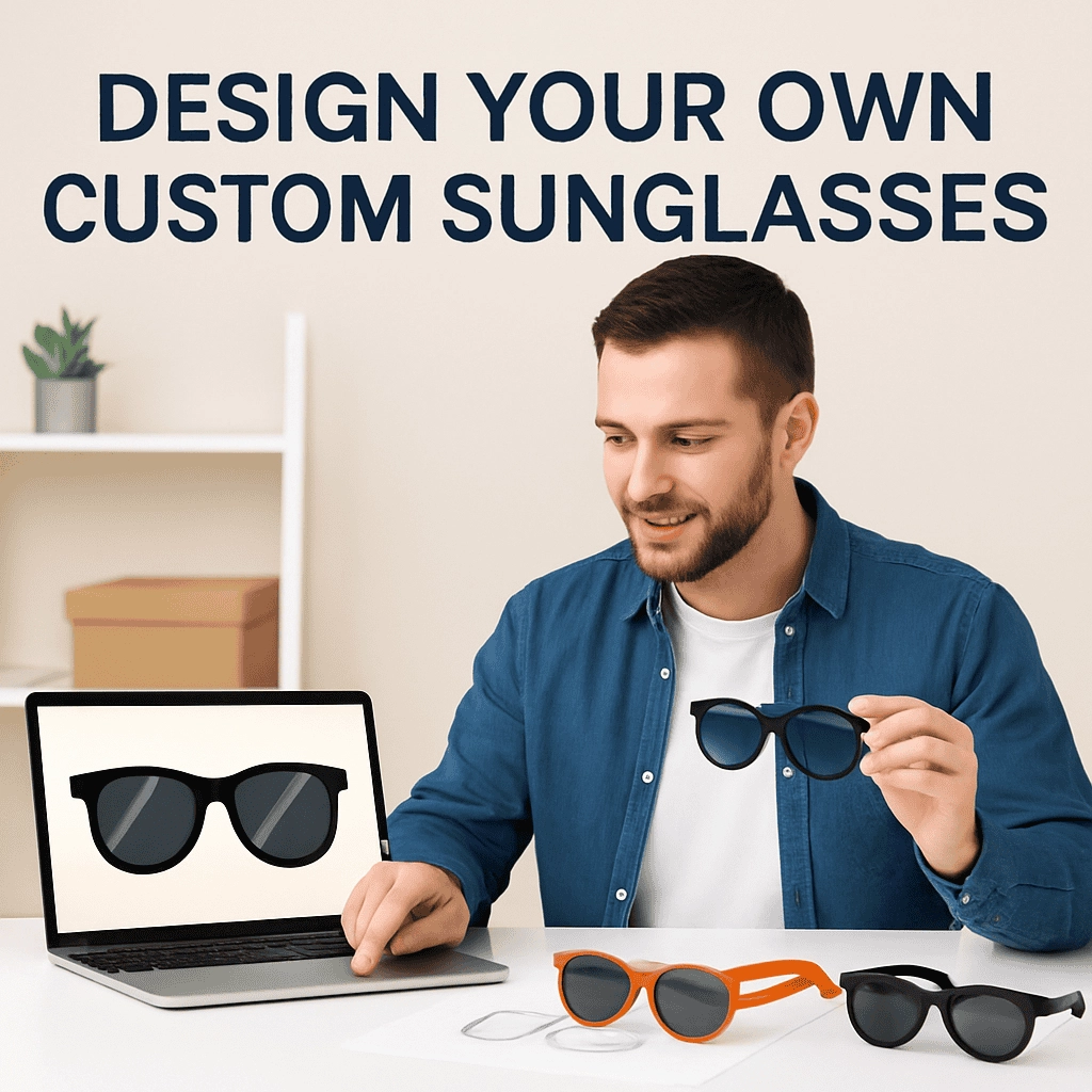 A young man in his late twenties or early thirties, wearing a blue denim shirt and white t-shirt, sits at a desk while designing custom sunglasses on his laptop. He holds a pair of sunglasses in his hand, with a sketch of the same sunglasses displayed on the laptop screen. Several other sunglasses styles are neatly arranged on the desk in front of him. The image includes the text "DESIGN YOUR OWN CUSTOM SUNGLASSES" above the scene.