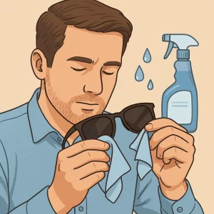 A light-skinned man with short brown hair and a trimmed beard holds black wayfarer sunglasses in one hand and gently wipes a lens with a light blue microfiber cloth in the other hand. A blue spray bottle hovers beside him, and three water droplets float above, all set against a warm beige background.