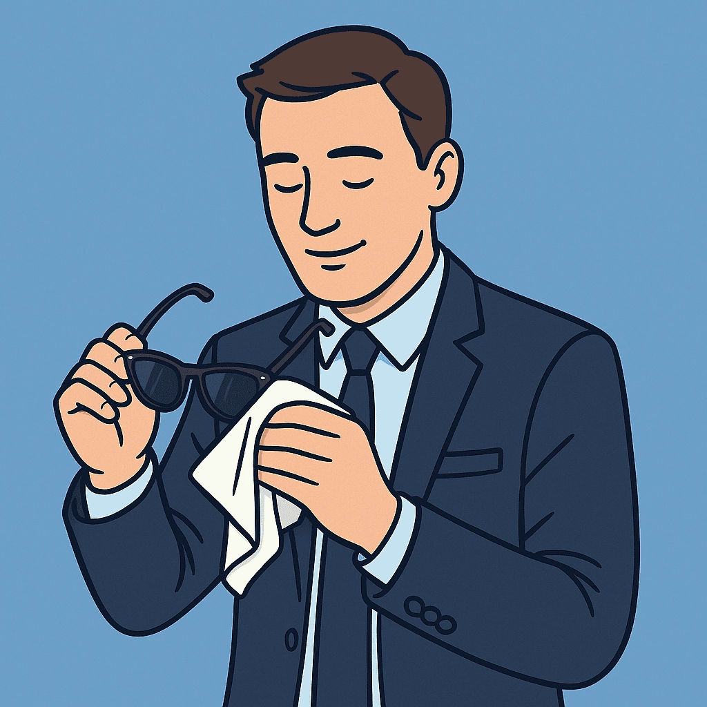 A clean-cut professional man in a dark suit gently polishing a pair of black sunglasses with a white microfiber cloth against a soft blue background