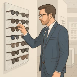 A well-dressed man in a navy suit and tie examines a pair of sunglasses from a sleek acrylic wall display in a modern showroom with rows of frames and soft, even lighting.
