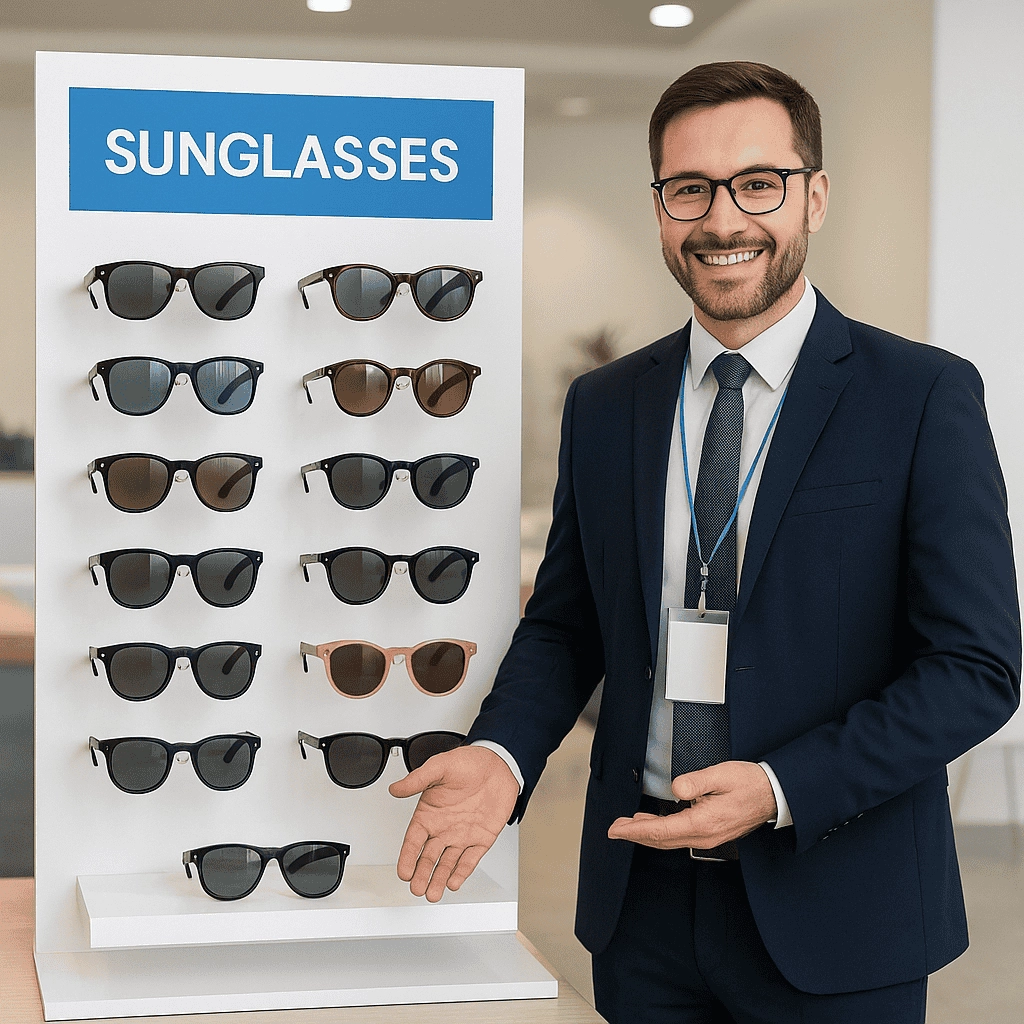 A well-dressed professional in a navy suit and tie stands beside a modern sunglasses display featuring twelve pairs of assorted frames. He smiles and gestures toward the neatly arranged eyewear, set against a bright, minimalist showroom backdrop.