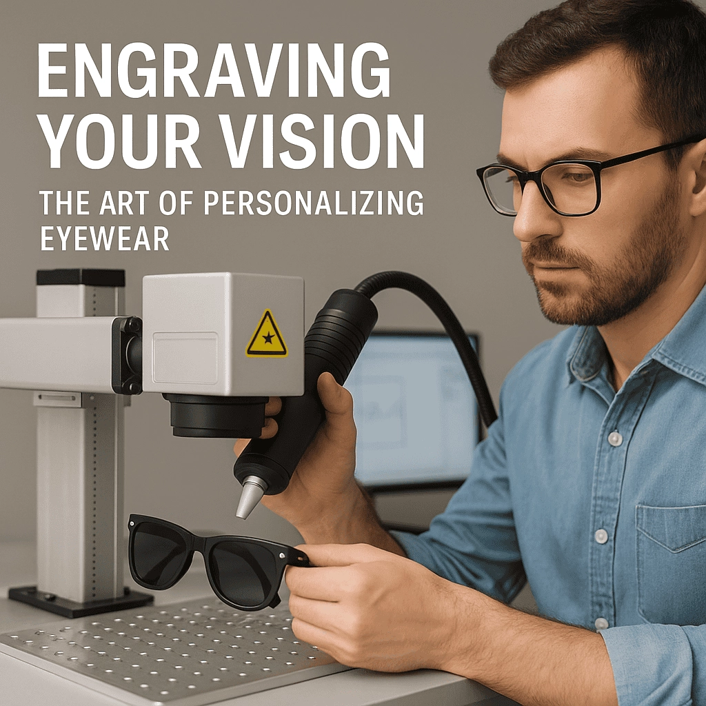 A focused man in glasses uses a laser engraving machine to etch a logo onto a pair of black sunglasses in a professional workshop setting, with a computer screen displaying design files in the background.