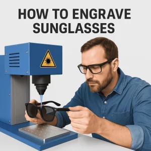 A man wearing safety glasses and a denim shirt is carefully engraving a pair of black sunglasses using a blue laser engraving machine. The machine has a yellow warning label, and the sunglasses are positioned precisely on a metal platform under the laser. The image demonstrates the process of professional eyewear customization.