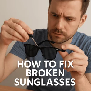 The image shows a focused young man in his late 20s or early 30s, wearing a casual blue-gray t-shirt. He is carefully repairing a pair of black-framed wayfarer sunglasses using a small screwdriver. The background is a neutral off-white wall, with bold text overlay reading "HOW TO FIX BROKEN SUNGLASSES."