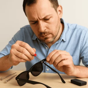 A man in his 30s with dark brown hair and a trimmed beard sits at a light wooden table. He wears a light blue shirt and holds a red-handled precision screwdriver, tightening the hinge on a pair of black sunglasses. Several small tools and a protective case lie on the table. Soft natural light illuminates the scene against an off-white background.