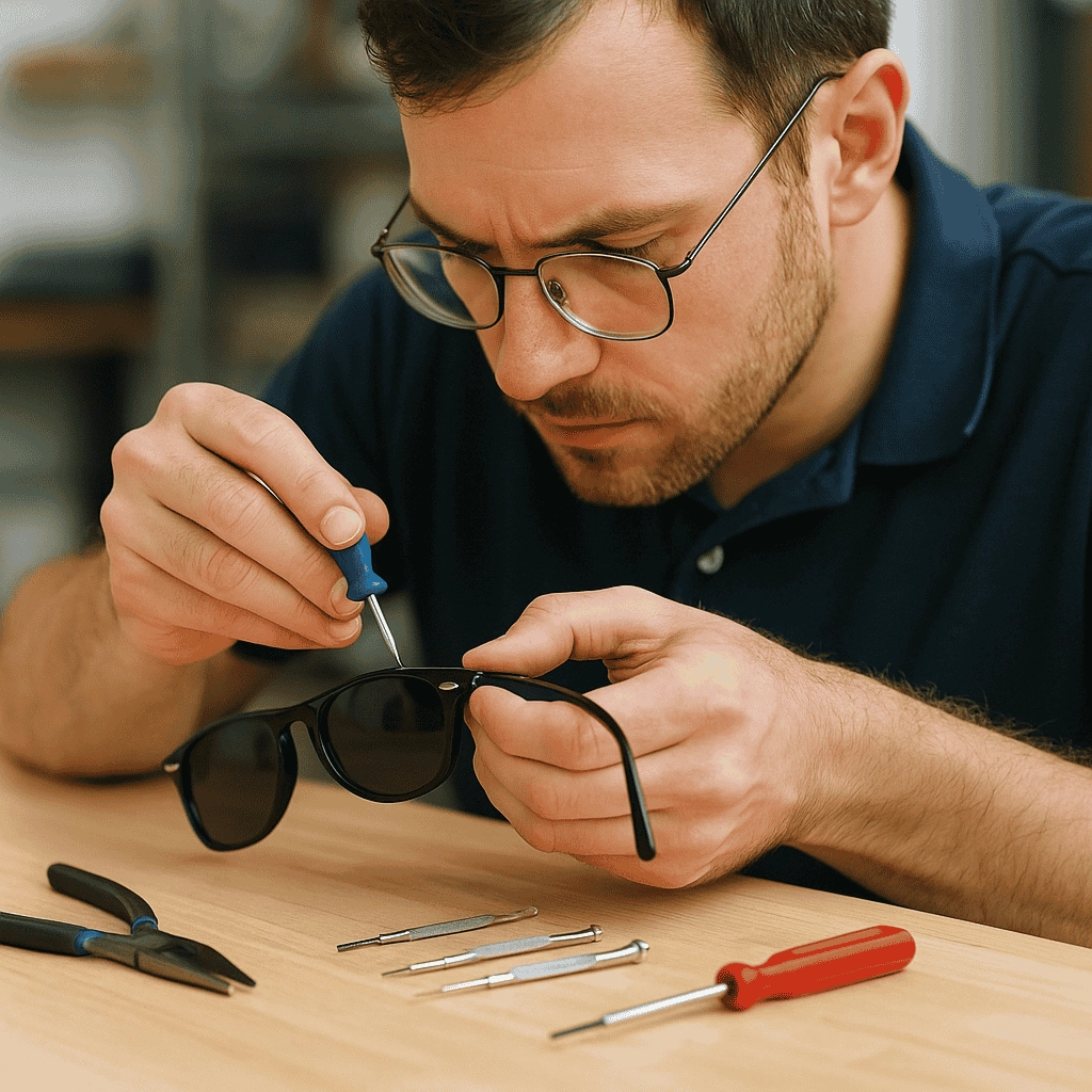 A focused technician wearing metal-framed glasses uses a small Phillips screwdriver to tighten the hinge on a pair of black sunglasses at a wooden workbench, surrounded by precision tools.