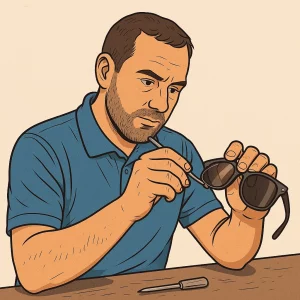 A focused eyewear technician wearing a blue polo shirt uses a precision screwdriver to carefully reseat a popped-out lens into a black sunglasses frame on a wooden workbench, with a soft beige background.