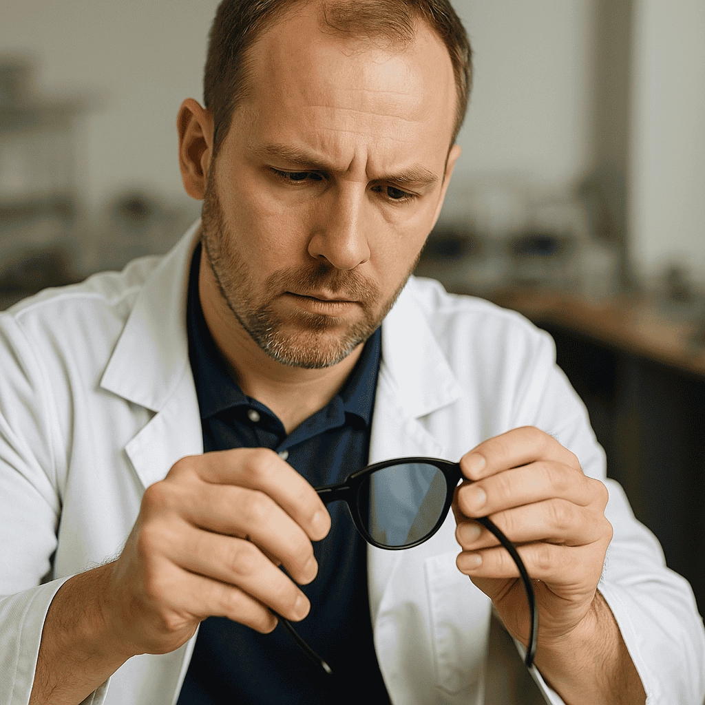 A focused male optician wearing a white lab coat and navy polo, carefully adjusting the lens of black sunglasses under soft natural light against a blurred workshop background.