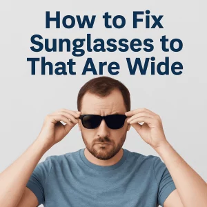 A man in a casual blue t-shirt adjusts his oversized sunglasses while appearing slightly frustrated. The text 'How to Fix Sunglasses That Are Too Wide' is displayed above him in bold navy blue on a subtle gray background.