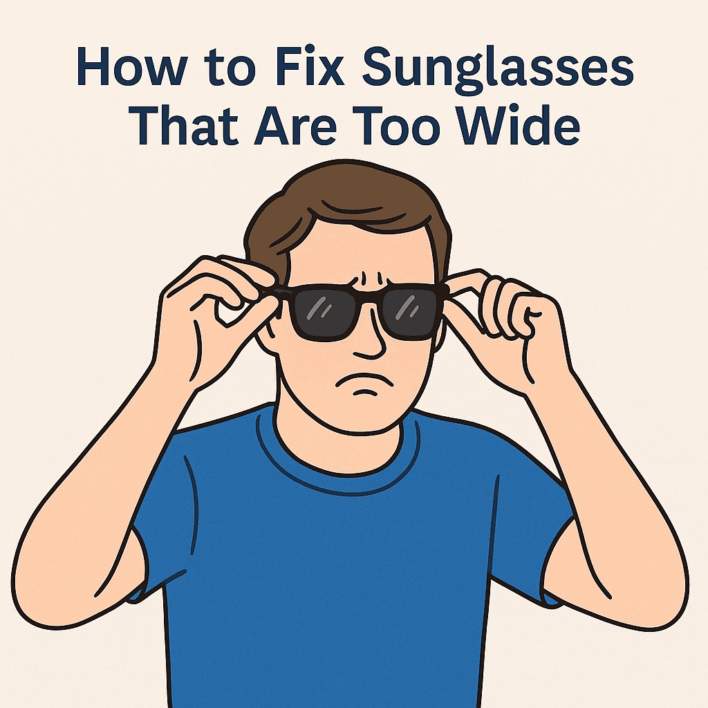 A digital illustration of a Caucasian man with short brown hair and light skin, wearing oversized black rectangular sunglasses that sit low on his nose. He is adjusting the sunglasses with both hands while looking mildly frustrated. The text 'How to Fix Sunglasses That Are Too Wide' is displayed above him in bold navy blue on a soft off-white background.