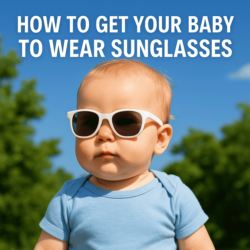 A baby wearing white sunglasses, standing outdoors under bright sunlight. The background features lush greenery and a vivid blue sky. The text "HOW TO GET YOUR BABY TO WEAR SUNGLASSES" is displayed in large, bold white letters at the top of the image.
