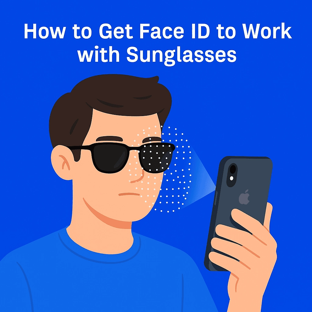 A young man wearing black aviator sunglasses is holding an iPhone at eye level, attempting to use Face ID. White infrared dots are projected onto his face from the phone. The background is a solid blue color, and the text above reads: “How to Get Face ID to Work with Sunglasses.”