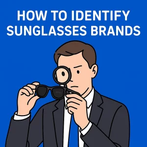 A cartoon-style illustration of a man in a business suit examining a pair of sunglasses with a magnifying glass. The background is solid blue, and the text above reads “HOW TO IDENTIFY SUNGLASSES BRANDS.” The man appears focused, inspecting the brand logo on the lens closely.