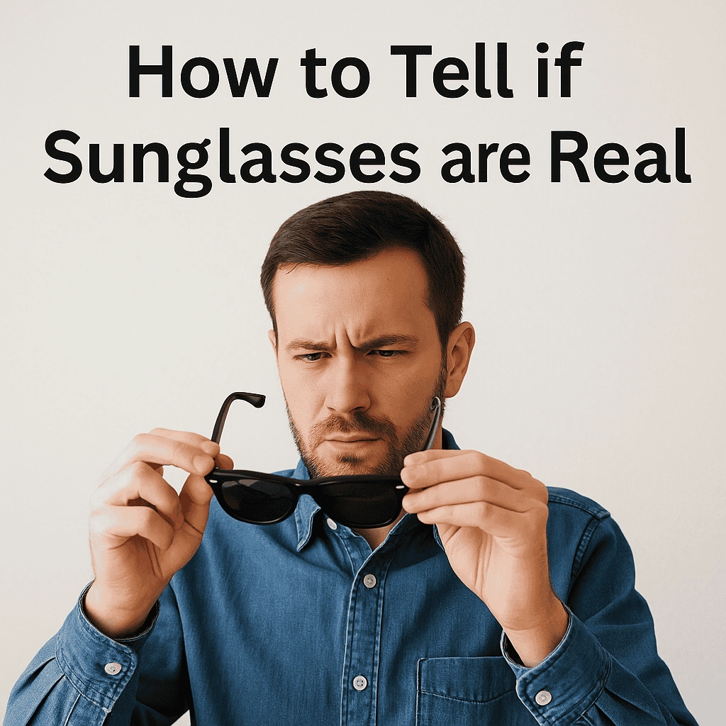 A light-skinned man in his 30s wearing a denim shirt examines a pair of black sunglasses with a serious, focused expression. The background is plain, and bold black text at the top reads "How to Tell if Sunglasses are Real."