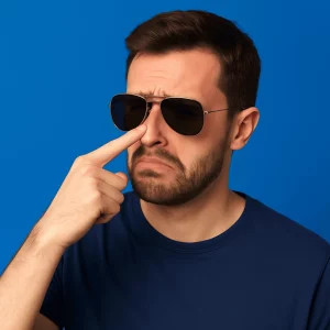 A young Caucasian man in his 30s adjusting his black aviator sunglasses, which are sliding down his nose. He has short dark brown hair and a neatly groomed beard, with a slightly annoyed expression as he pushes the sunglasses up with his right index finger. The background is bright blue, and the lighting is well-balanced.
