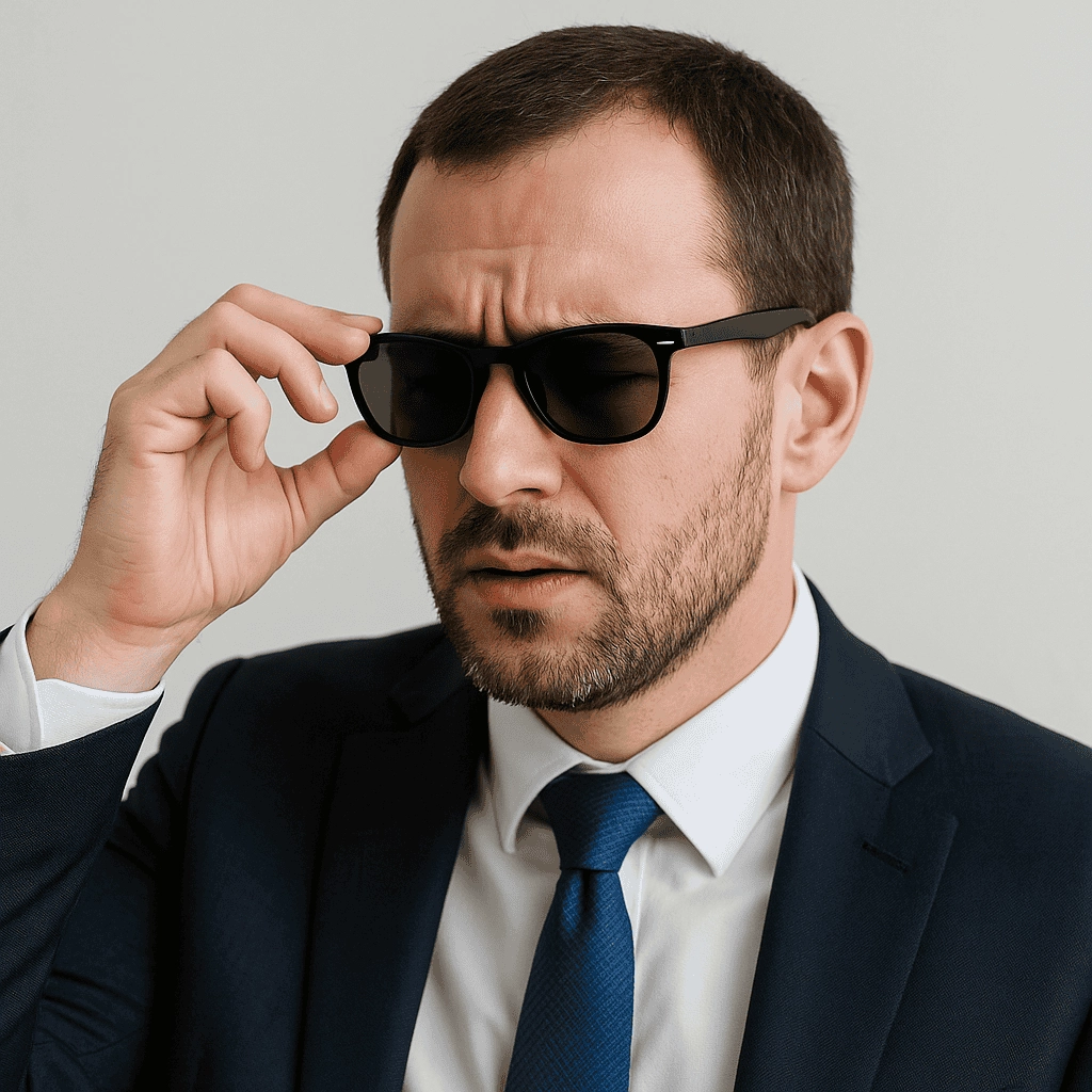 A mid-30s Caucasian man wearing a dark suit and white shirt, lifting one hand to adjust his black sunglasses while furrowing his brow against a plain light-gray background.