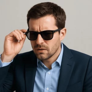 A Caucasian man in his mid-30s wearing a navy suit and light blue shirt carefully adjusts his black wayfarer sunglasses while squinting, against a neutral background.