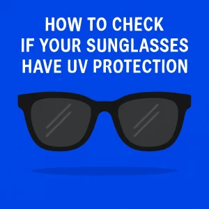 A 2D digital graphic of a pair of black Wayfarer sunglasses with dark gray lenses, placed against a bright blue background. The text "HOW TO CHECK IF YOUR SUNGLASSES HAVE UV PROTECTION" is displayed in bold, white uppercase letters above the sunglasses.