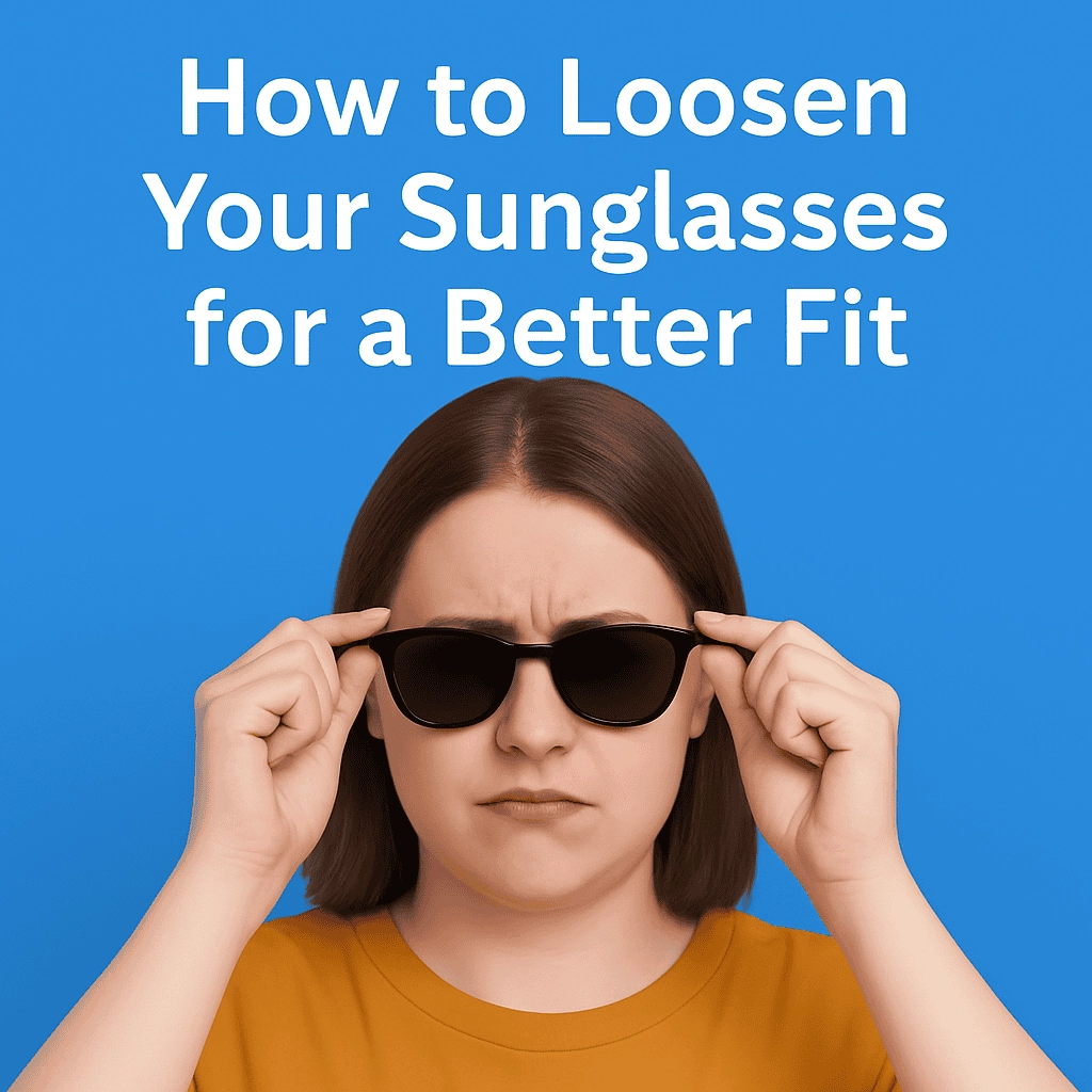 A young woman with a round face and straight brown hair wearing black sunglasses, adjusting them with both hands while frowning slightly. She is standing against a solid blue background. The text above reads: “How to Loosen Your Sunglasses for a Better Fit.”