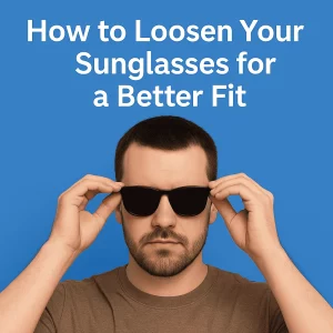 A man wearing black sunglasses and a brown t-shirt adjusts the frames with both hands. He stands against a solid blue background with bold white text above that reads: “How to Loosen Your Sunglasses for a Better Fit.”