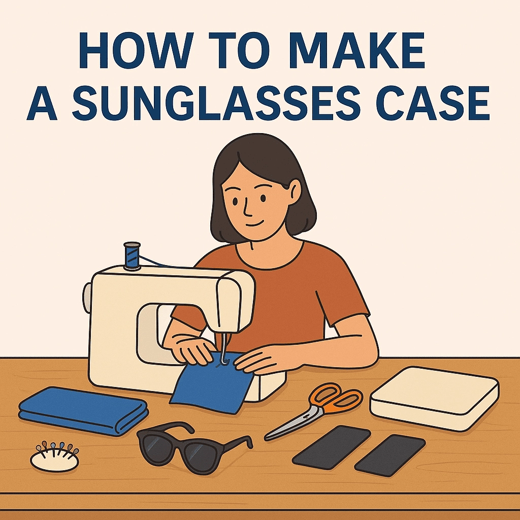 A cartoon-style woman with shoulder-length dark hair is sitting at a table using a sewing machine to stitch a blue fabric piece. On the wooden table are a pair of black sunglasses, scissors, folded fabric, a pin cushion, and other sewing materials. The background is light beige, and the top of the image displays the text "HOW TO MAKE A SUNGLASSES CASE" in bold blue letters.