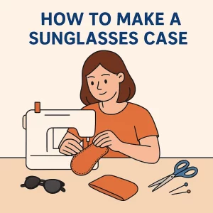 A flat-style digital illustration of a young woman sewing a sunglasses case using a sewing machine. She is seated at a table with sewing tools like scissors, pins, and fabric pieces. A finished pair of sunglasses rests nearby. The text above reads "HOW TO MAKE A SUNGLASSES CASE."