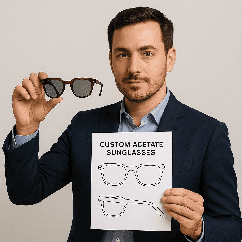 A professional eyewear designer in a navy blazer holds a translucent amber acetate sunglass frame in his right hand and a white blueprint sheet labeled “Custom Acetate Sunglasses” with two detailed frame sketches in his left hand, standing against a neutral off-white background.