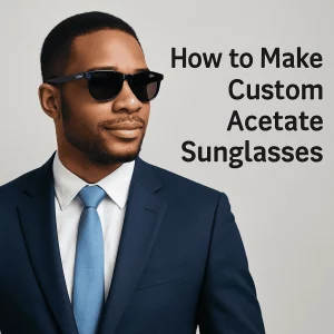 A well-dressed Black professional in a navy suit and light blue tie wears glossy black acetate sunglasses with a subtle “LOGO” inscription on the temple against a soft gray background. The bold text “How to Make Custom Acetate Sunglasses” appears to the right of his head.