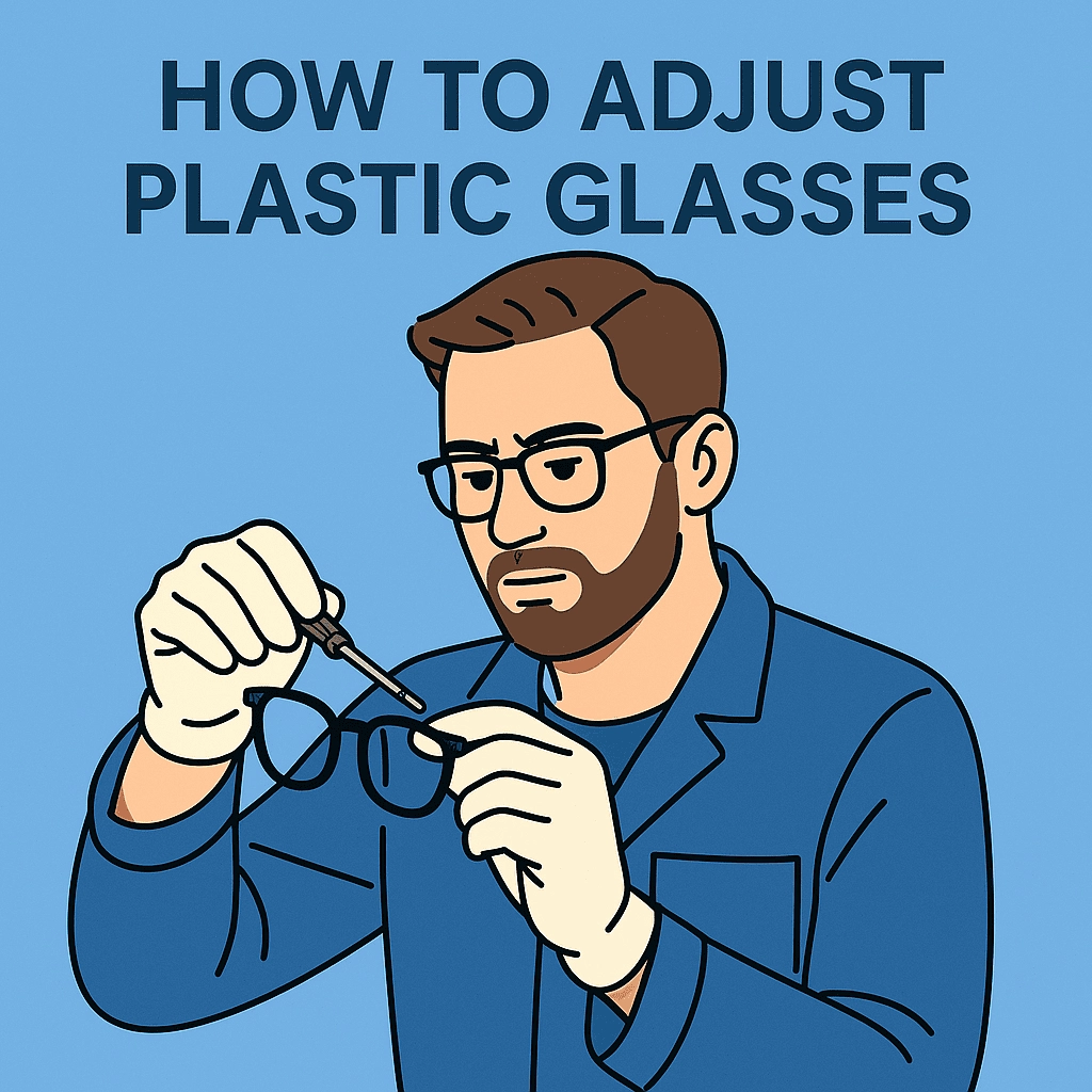 Illustration of a male technician in a blue work uniform and latex gloves using a small screwdriver to adjust black plastic-framed glasses against a light blue background with the text “HOW TO ADJUST PLASTIC GLASSES” above.