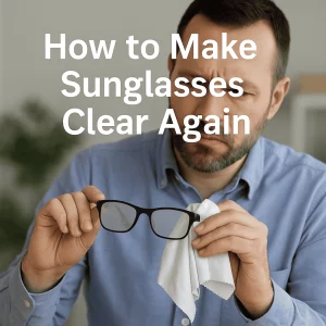 A man in a light blue shirt with a short beard is carefully cleaning a pair of foggy black-framed sunglasses using a white microfiber cloth. He has a focused expression on his face, and the background is a softly lit indoor setting with a blurred plant. Overlaid text reads “How to Make Sunglasses Clear Again.”