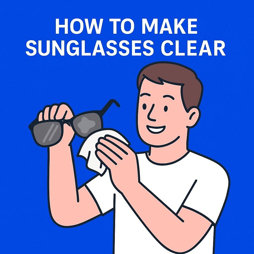 A smiling man in a white T-shirt is cleaning a pair of black sunglasses with a white cloth. He holds the sunglasses in one hand and wipes the lens with the other. The background is solid blue, and the title “HOW TO MAKE SUNGLASSES CLEAR” appears in bold white text at the top.