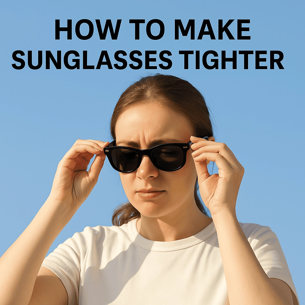 A young Caucasian woman adjusting her loose black sunglasses outdoors, with bold text 'HOW TO MAKE SUNGLASSES TIGHTER' in capital letters at the top against a bright blue sky. She is wearing a soft, off-white T-shirt, and her focused expression adds to the effortless vibe of fixing her wayfarers while sunlight gently illuminates her face.