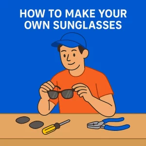 The image shows a young man wearing an orange T-shirt and a cap, sitting at a wooden table and assembling his own sunglasses. He is focused on fitting dark grey lenses into a black frame. Nearby, there are tools such as a screwdriver and pliers. The background is a bright blue with bold, capitalized text at the top that reads "HOW TO MAKE YOUR OWN SUNGLASSES."