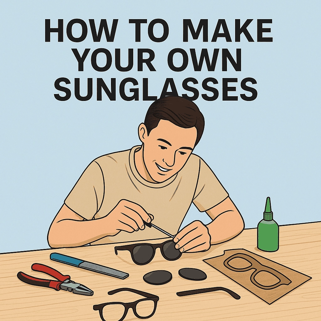 A young man with dark brown hair is carefully assembling his own sunglasses at a light wood table. He is securing a dark lens to a black frame, surrounded by various tools such as pliers, a file, and an unassembled pair of sunglasses. The bold title "HOW TO MAKE YOUR OWN SUNGLASSES" is displayed above, set against a serene light blue background.