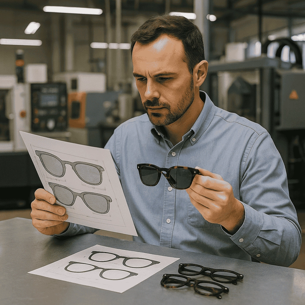 A focused male eyewear designer reviews a printed sunglasses blueprint while holding a pair of acetate frames in a modern factory, with CNC machinery and an organized workspace softly lit in the background.