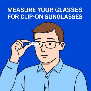 A cartoon-style man with short brown hair and glasses holds a ruler horizontally to measure the width of his eyeglass lens. He wears a light blue button-up shirt and stands against a solid blue background. Above his head is the bold white text: “MEASURE YOUR GLASSES FOR CLIP-ON SUNGLASSES.”