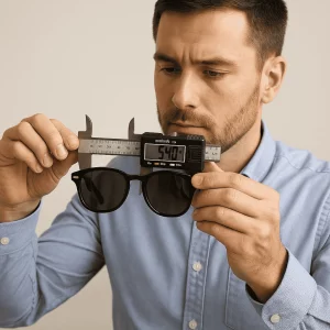 A focused man in a light blue dress shirt holds black wayfarer sunglasses in one hand and a digital caliper in the other, aligning the caliper’s jaws with the inner edges of the left lens to measure its width precisely.