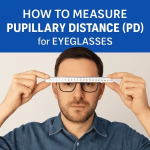 A person measuring their pupillary distance (PD) for eyeglasses, using a ruler in front of a mirror. The focus is on the measurement process, ensuring accurate alignment of the eyes for optimal vision and comfort.