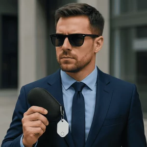 A sharply dressed professional man wearing black wayfarer sunglasses and a navy suit holds a sleek black hard-shell sunglasses case equipped with a white Bluetooth tracker tag against the blurred backdrop of a modern urban building.