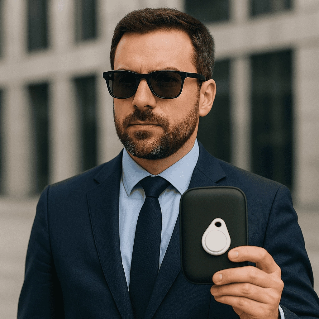 A professional man in a navy suit and black wayfarer sunglasses holds a black hard-shell case fitted with a white Bluetooth tracker tag, standing against a softly blurred urban backdrop.