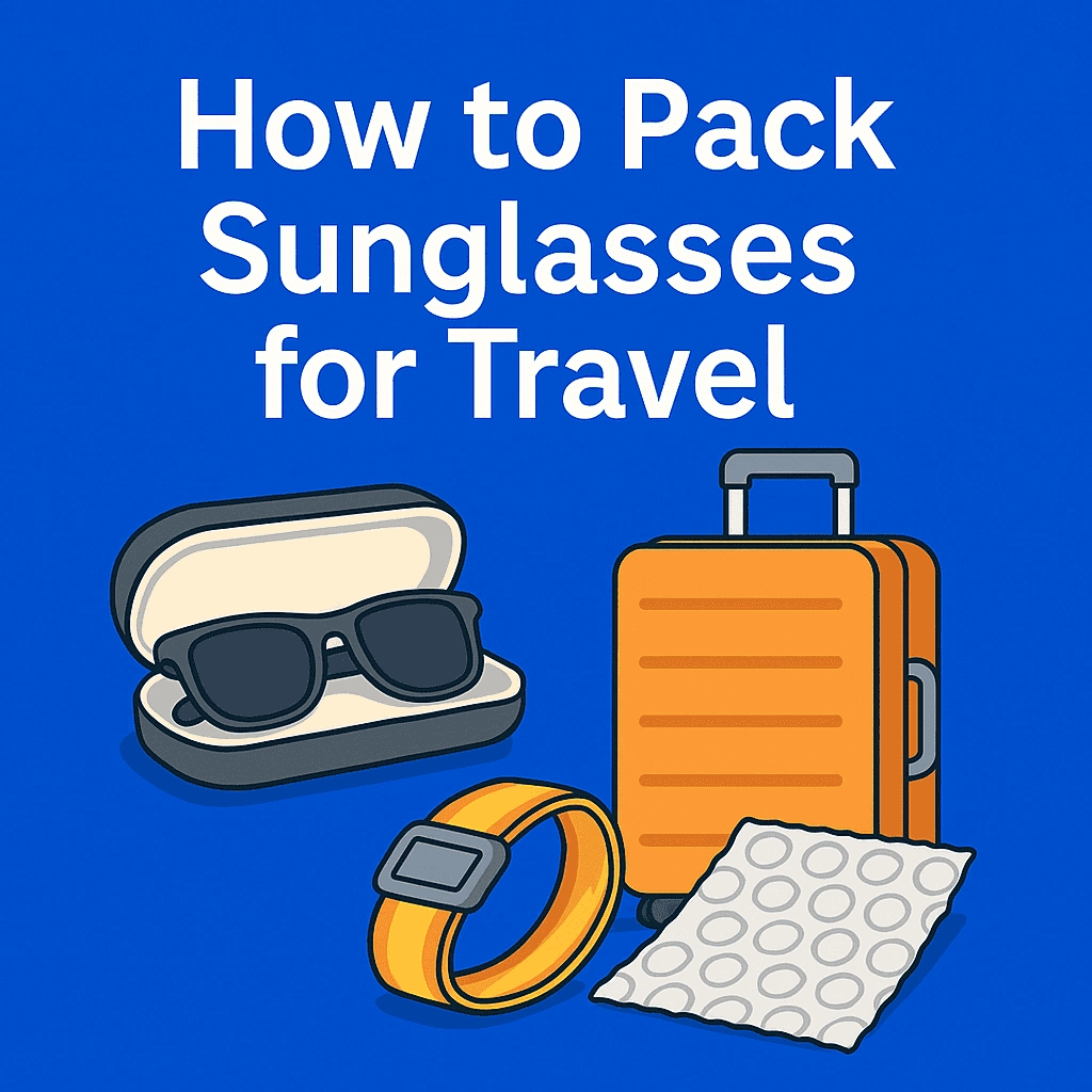 A digital illustration featuring the phrase "How to Pack Sunglasses for Travel" in bold, white text on a solid blue background. The image includes a pair of black sunglasses in an open case, an orange suitcase with wheels, a rolled luggage strap, and a sheet of bubble wrap, all arranged in a clean, organized flat design style.