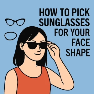 The image shows a digital illustration of a young woman with fair skin and shoulder-length black hair, wearing black, rectangular sunglasses with rounded corners. She is adjusting her sunglasses while wearing a vibrant orange-red top. The background is soft blue, and bold text reads "HOW TO PICK SUNGLASSES FOR YOUR FACE SHAPE." Simple line drawings of cat-eye and oval sunglasses frames are also included.